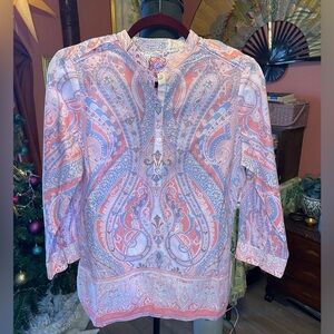 Robert Graham Pink and Purple paisley cotton Henley style blouse M retail $200